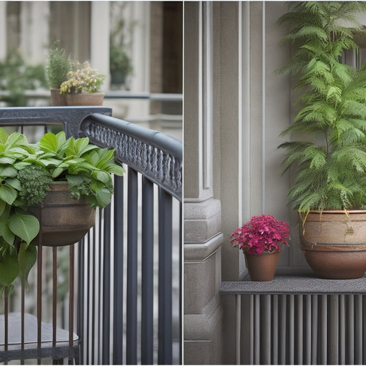 A split-screen image featuring a planter overflowing with lush greenery on a balcony railing, next to a identical planter with a cracked and broken railing, with a subtle weight symbol () subtly integrated into the design.