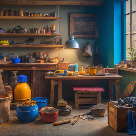 A vibrant, well-lit workshop scene featuring a wooden workbench cluttered with various tools, including a orbital sander, putty knife, and wire brush, alongside a few unfinished concrete planters and bags of cement.