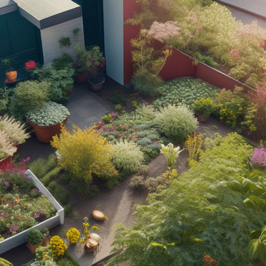 An overhead view of a lush rooftop garden overrun with pests: aphids swarming on blooming flowers, whiteflies hovering above leafy greens, and a rat scurrying across the garden bed.