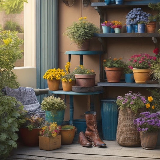 A whimsical, colorful illustration of a small patio or balcony with 5-7 eclectic, repurposed planters made from wooden crates, vintage boots, and metal colanders, overflowing with lush greenery and bright flowers.