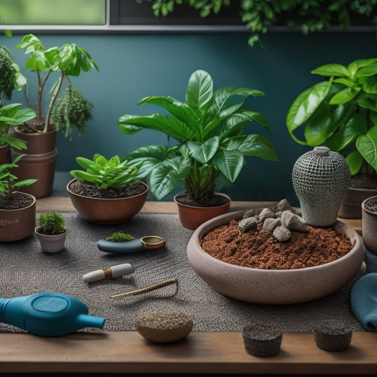 An illustration of various planter drainage tools and materials, including a mesh screen, perlite, vermiculite, and a drainage hole punch, arranged artfully on a wooden table amidst potted plants with thriving greenery.