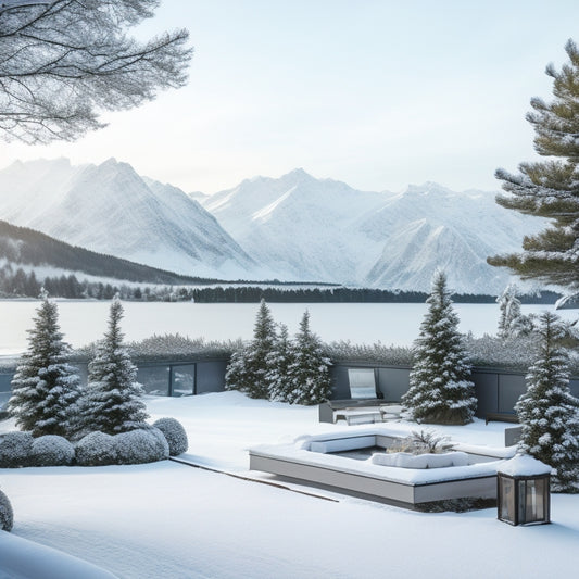 A serene winter rooftop garden with snow-covered evergreen trees, frost-resistant planters, and a sleek, snow-load-designed pergola, set against a backdrop of snow-capped mountains and a frozen lake.