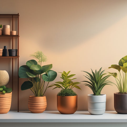 A stylized, minimalist illustration featuring various sized planters, each containing a differently sized potted plant, arranged on a wooden shelf against a light, neutral background.