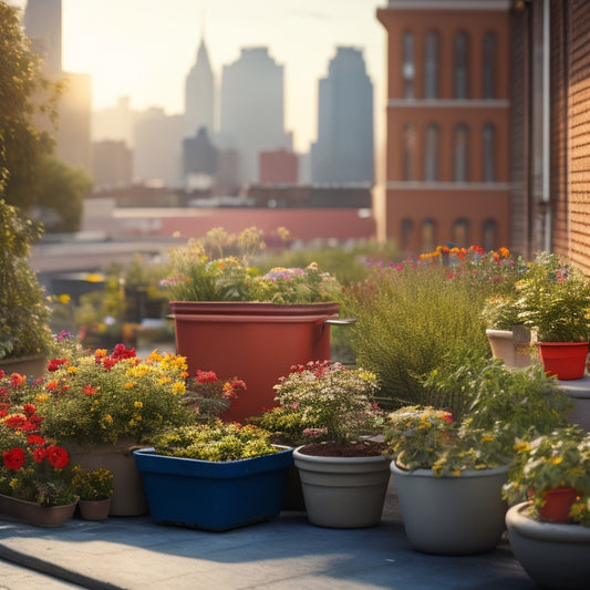 A serene rooftop garden scene with lush greenery, vibrant blooming flowers, and a few potted plants, surrounded by a cityscape in the background, with a wheelbarrow and gardening tools in the foreground.