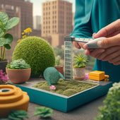 An illustration of a person holding a tape measure beside a block planter with a small potted plant, surrounded by scattered blocks and a cityscape or garden backdrop.