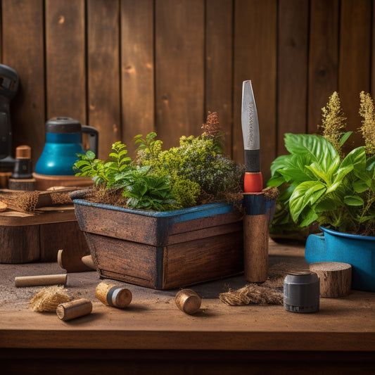 A rustic wooden planter with a distressed finish, surrounded by scattered power tools, including a drill, saw, and sandpaper, on a cluttered workbench with wood shavings and greenery.