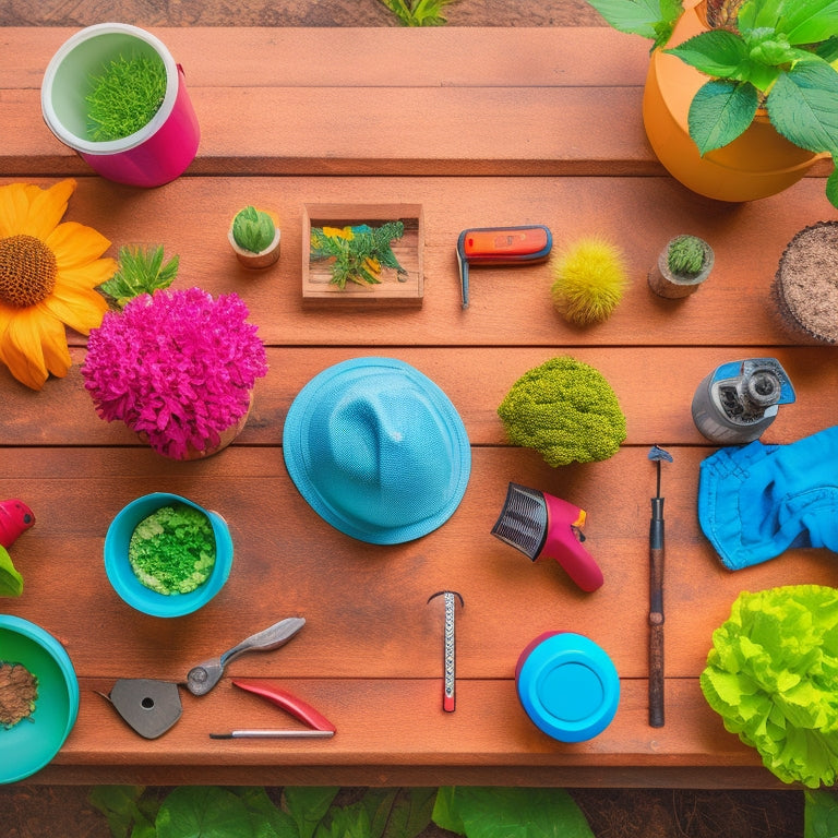 A colorful, overhead shot of a well-organized workbench with a block planter box in the background, surrounded by essential tools like a tape measure, level, drill, and gardening gloves.