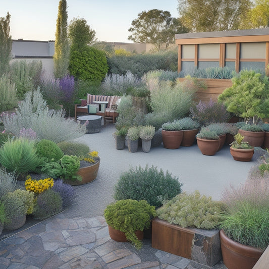 A lush, vibrant rooftop garden with a mix of drought-resistant plants, including succulents, lavender, and yarrow, surrounded by wooden planters, gravel pathways, and a trellis with climbing vines.