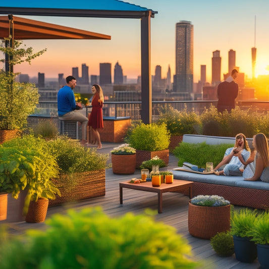 A serene rooftop garden with lush greenery, wooden planters, and sleek outdoor furniture, set against a vibrant cityscape at sunset, with a few people relaxing in the background.