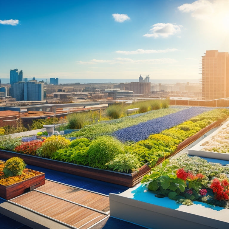 An illustration of a lush rooftop garden with a variety of crops, surrounded by a combination of physical barriers, insect traps, and beneficial insects, under a sunny blue sky with fluffy white clouds.