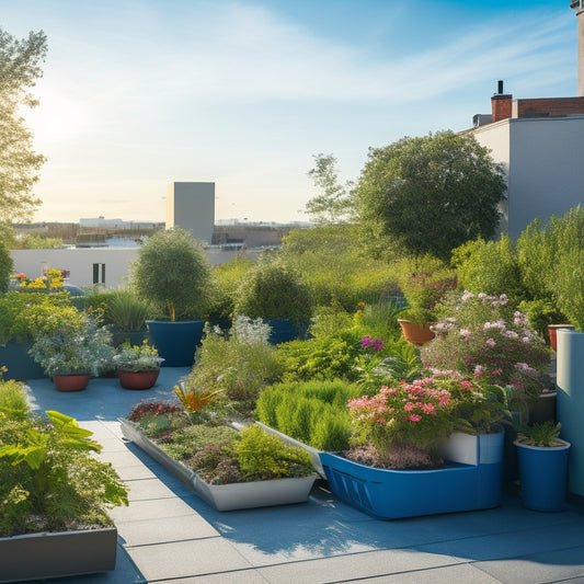 A serene rooftop garden with lush greenery and vibrant flowers, featuring a self-watering planter, a drip irrigation system, and a rainwater harvesting tank, set against a clear blue sky with fluffy white clouds.