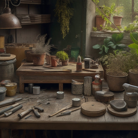 A cluttered workbench with a variety of DIY tools and materials, including a jigsaw, drill, sandpaper, paintbrushes, and pots, surrounded by scattered plant clippings and leaves.