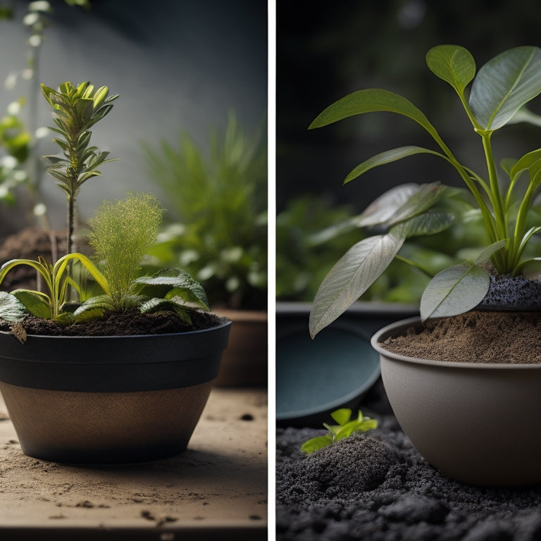 An image of a planter with waterlogged soil and a dying plant next to a planter with well-draining soil and a thriving plant, with water flowing out of the bottom of the healthy planter.