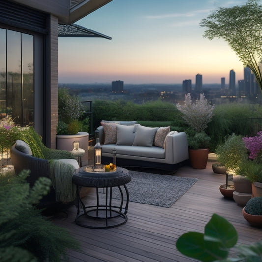 A serene urban oasis: a spacious balcony with a sleek, retractable roof, surrounded by lush greenery, vibrant flowers, and modern outdoor furniture, set against a stunning cityscape backdrop at dusk.