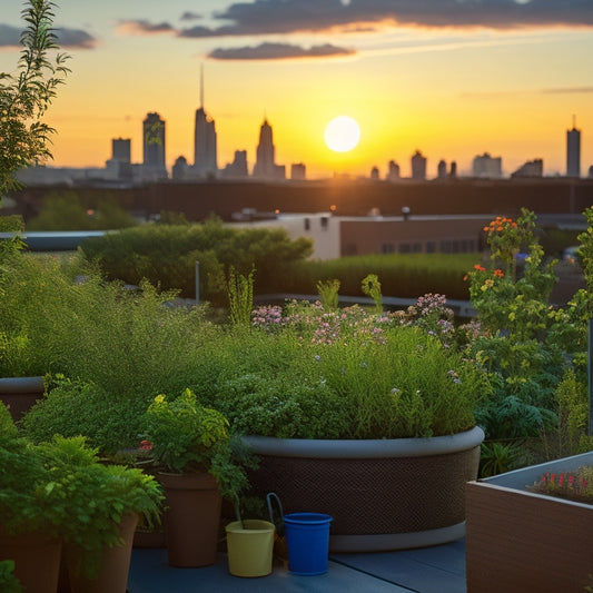 A serene rooftop garden scene at sunset, with lush greenery and vibrant flowers, showcasing a DIY irrigation system featuring PVC pipes, water tanks, and micro-sprinklers amidst a wooden deck and cityscape backdrop.