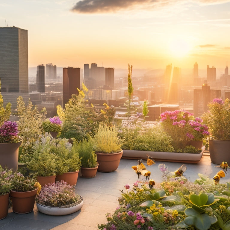 A serene rooftop garden with lush greenery, vibrant flowers, and a mix of succulents, with a few bees and butterflies flitting about, amidst a backdrop of a cityscape at sunset.