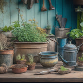 A cluttered workbench with rusty gardening tools, old planters, and scattered seeds, surrounded by worn gloves, a vintage watering can, and a few revitalized planters with lush greenery sprouting from them.