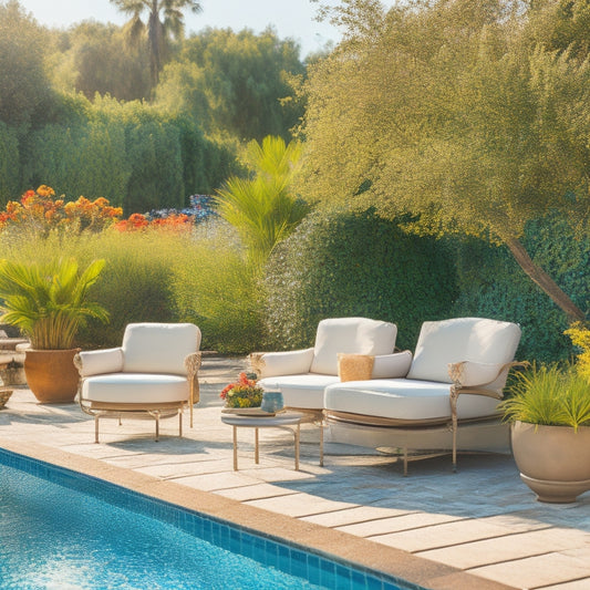 A serene poolside setting with three to five planters in varying sizes, surrounded by lush greenery, vibrant flowers, and a few lounge chairs, with the sun casting a warm glow.