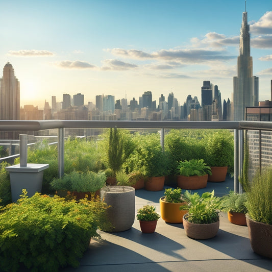 A serene rooftop scene with lush greenery, vibrant flowers, and thriving vegetables in hydroponic planters, surrounded by urban skyscrapers, with a sunny sky and a few wispy clouds.