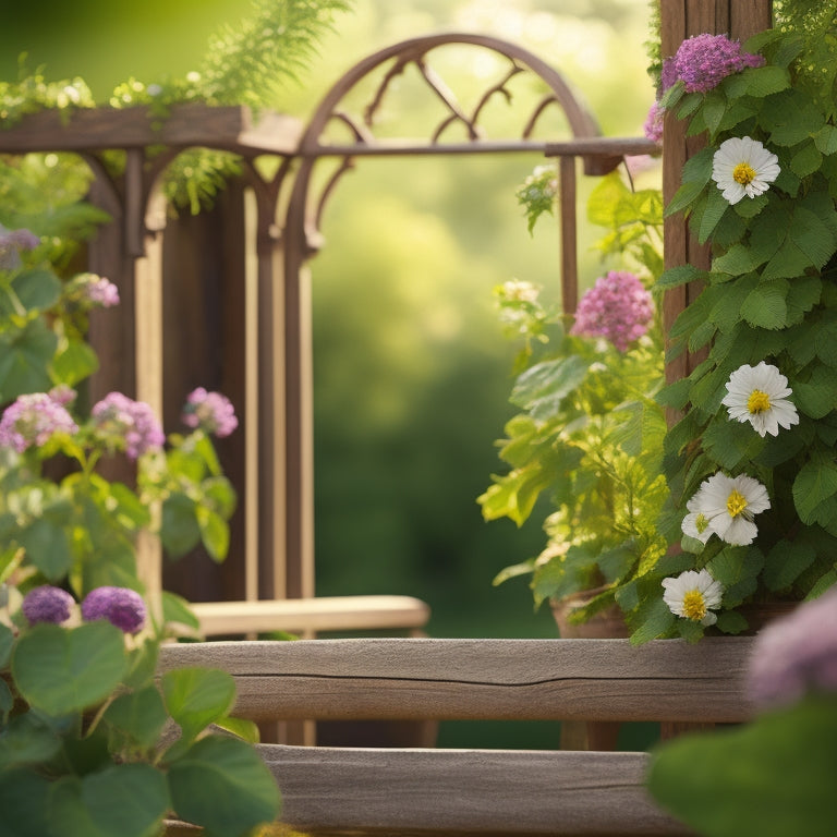 A whimsical illustration of a small, rustic wooden trellis adorned with climbing vines and colorful flowers, set against a soft, blurred background of a sunny backyard or patio.