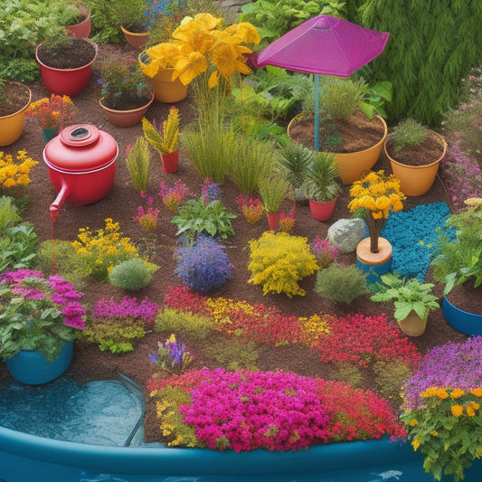 A colorful, overhead illustration of a thriving planter garden with various DIY irrigation systems, including a drip irrigation system, a soaker hose, and a self-watering planter, amidst lush greenery and vibrant flowers.