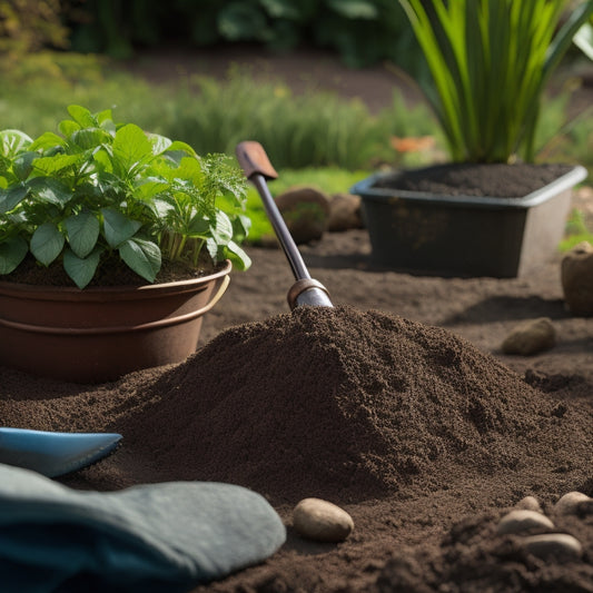 A block planter with a shovel and gardening gloves beside it, surrounded by a mixture of dark brown soil, small rocks, and green compost, with a few weeds and roots scattered around.