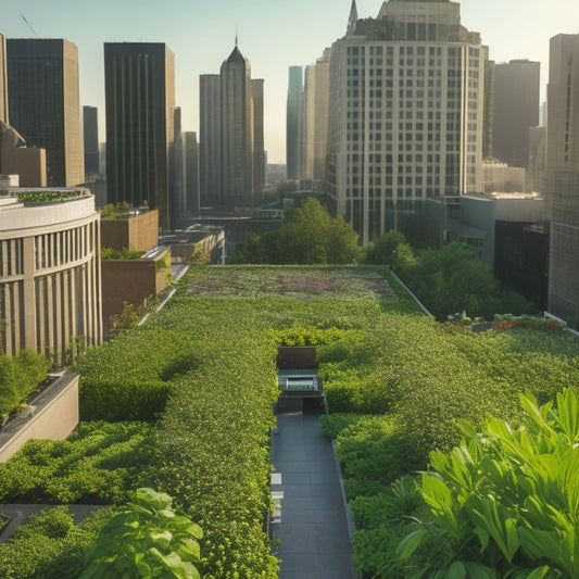 Aerial view of a lush, verdant rooftop garden in a bustling metropolis, with rows of vibrant green crops, trellises, and planters, surrounded by sleek skyscrapers and cityscape.