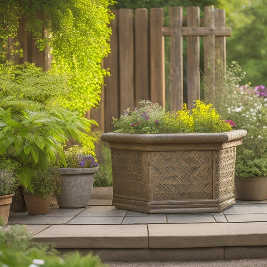 A serene outdoor scene featuring a sturdy, weathered wooden planter box with a rustic trellis arbor, overflowing with lush greenery and vibrant flowers, set against a sunny stone patio backdrop.