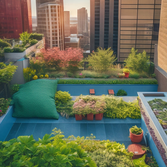 An overhead shot of a lush rooftop herb garden, with a mix of leafy greens and colorful flowers, thriving in modern, sleek, and weathered durable planters against a backdrop of city skyscrapers.