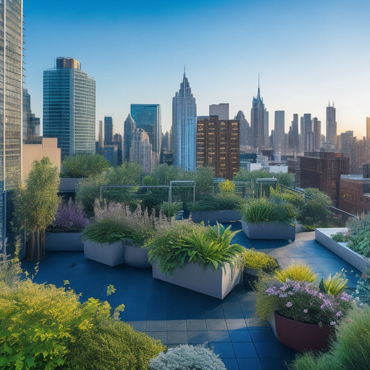 A serene rooftop oasis in a bustling metropolis, featuring lush greenery, vibrant flowers, and a sleek, modern irrigation system, surrounded by towering skyscrapers and a bright blue sky.