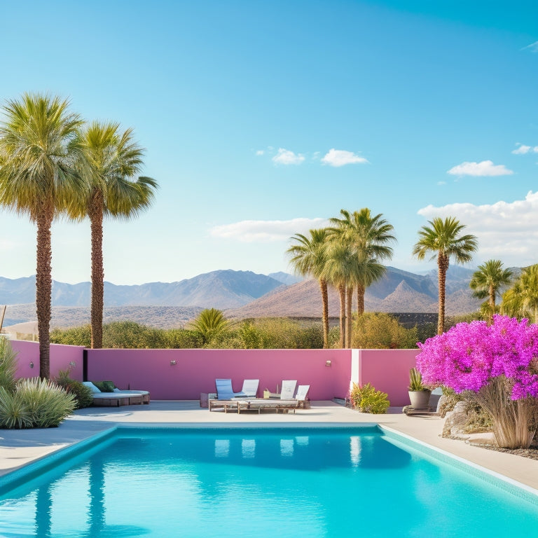 A serene rooftop pool oasis surrounded by lush greenery, incorporating drought-tolerant succulents, vibrant bougainvillea, and tall palm trees, set against a clear blue sky with a few wispy clouds.