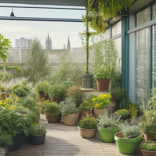 A rooftop scene with a lush, vibrant hydroponic garden, featuring a trellis system with climbing plants, a vertical wall of leafy greens, and a variety of colorful flowers and vegetables.