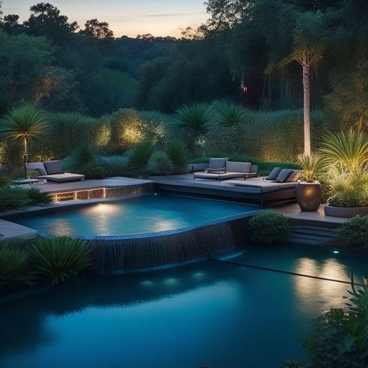 A serene rooftop oasis at dusk, with lush greenery, a small infinity pool, and a waterfall cascading into a tranquil pond, surrounded by sleek modern furniture and twinkling string lights.