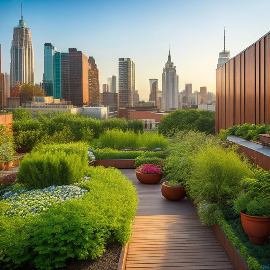 A serene rooftop garden with lush greenery, vibrant flowers, and a meandering wooden walkway, surrounded by sleek city skyscrapers and a bright blue sky with puffy white clouds.