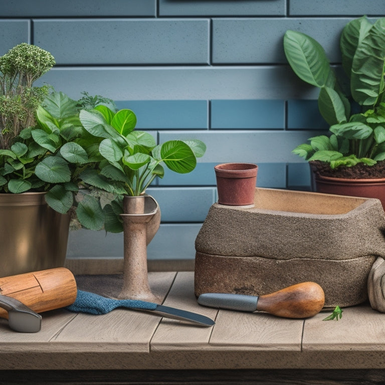 Illustrate a composition of a wooden block planter against a natural stone background, surrounded by a trowel, pruners, gloves, and a watering can, with lush greenery overflowing from the planter.