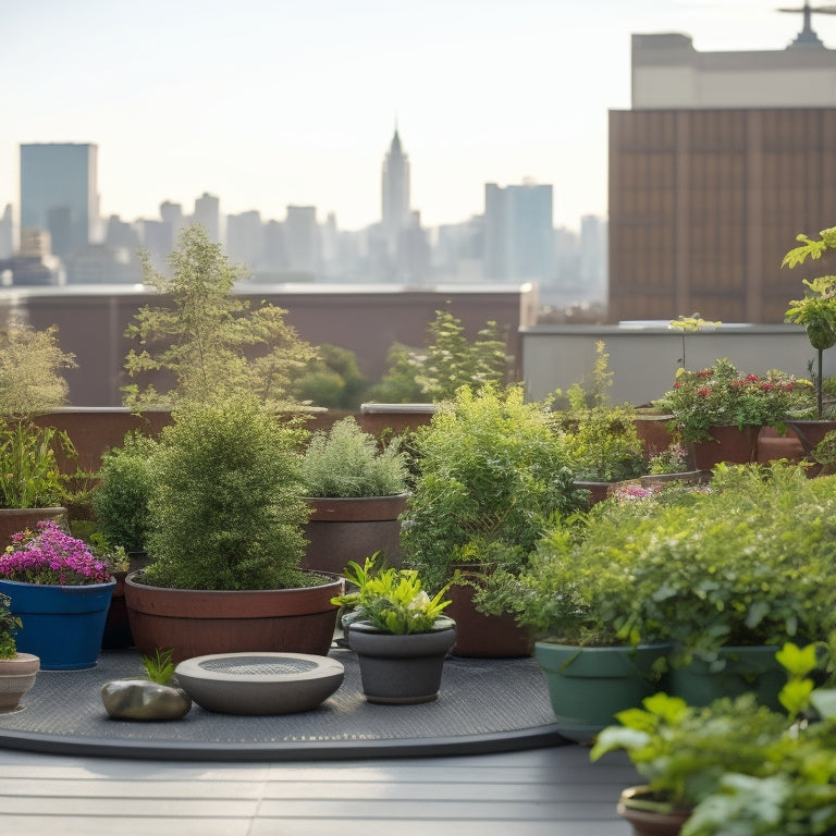 A rooftop garden scene with a variety of planters in different shapes, sizes, and materials, surrounded by lush greenery, with a blurred cityscape background and a few puffy white clouds.