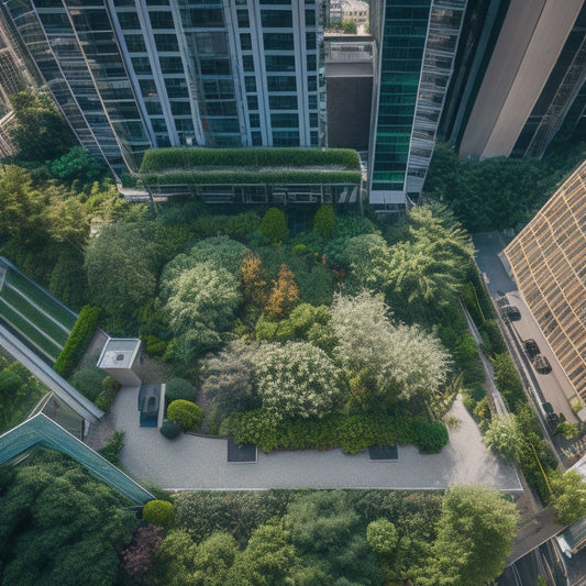 Aerial view of a lush, thriving rooftop garden in a bustling city, with a mix of potted plants, trellises, and vertical green walls, surrounded by sleek skyscrapers and busy streets.
