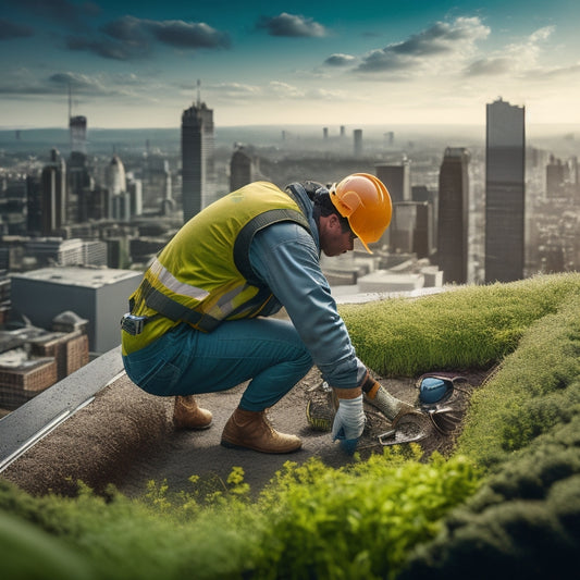 An illustration of a person in a hard hat and gloves, kneeling on a lush green roof with various tools scattered around, inspecting a drainage outlet while a cityscape looms in the background.