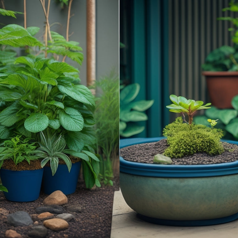 An image of a waterlogged planter with droopy plants next to a matching planter with a built-in drainage system, featuring small holes and a layer of gravel, with lush greenery thriving inside.