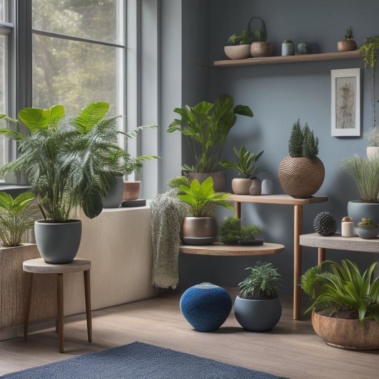 A vibrant, modern living room with 5-7 unique concrete planters of varying shapes, sizes, and textures, each containing lush, thriving greenery, arranged artfully on a wooden shelf and floor.