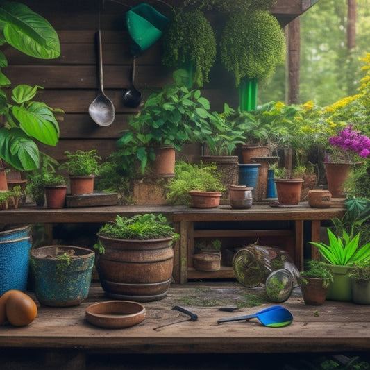A colorful, messy workshop scene: wooden planks, assorted pots, gloves, and tools scattered on a workbench, with a half-assembled planter in the center, surrounded by lush greenery and vines.