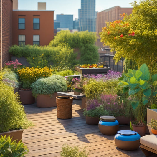 An serene rooftop garden with lush greenery, vibrant flowers, and comfortable seating areas, featuring wide pathways, sturdy handrails, and accessible planters, all bathed in warm, soft sunlight.