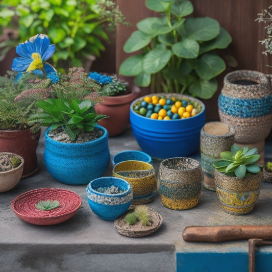 A colorful, rustic, and eclectic arrangement of small, mismatched mosaic tile planters in various shapes and sizes, filled with lush greenery and surrounded by DIY crafting tools and materials.