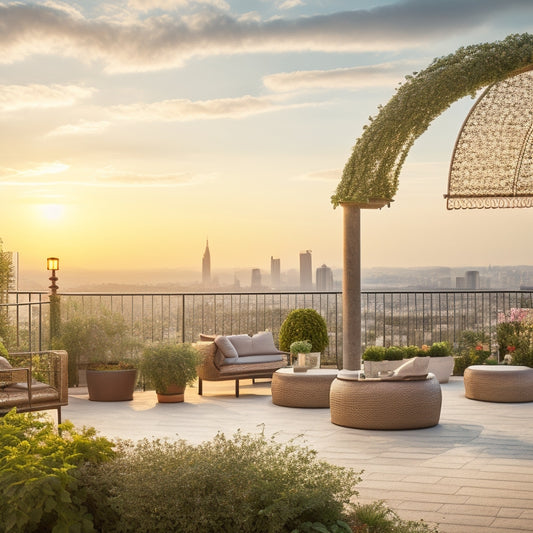 A serene rooftop garden with a majestic pergola structure, adorned with lush green vines and blooming flowers, overlooking a breathtaking cityscape at sunset.