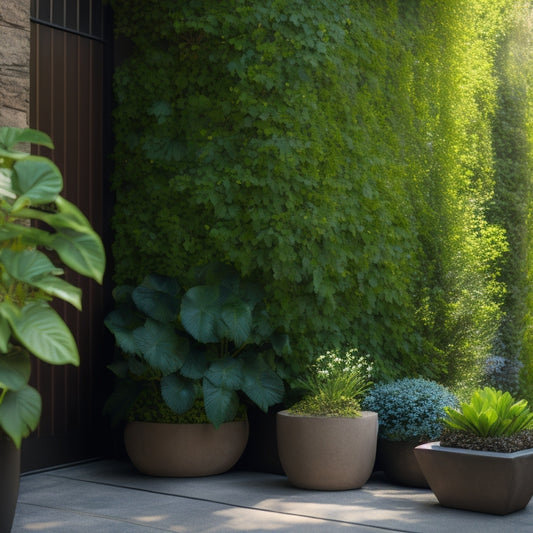 A serene outdoor oasis with a modern planter wall featuring lush greenery, vibrant flowers, and trailing ivy, set against a natural stone backdrop with warm sunlight filtering through.