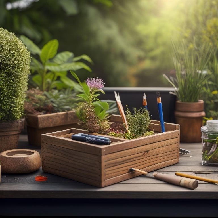 A wooden planter box with a sliding lid, containing various artist tools like paintbrushes, pencils, and markers, surrounded by lush greenery and a few scattered art supplies.