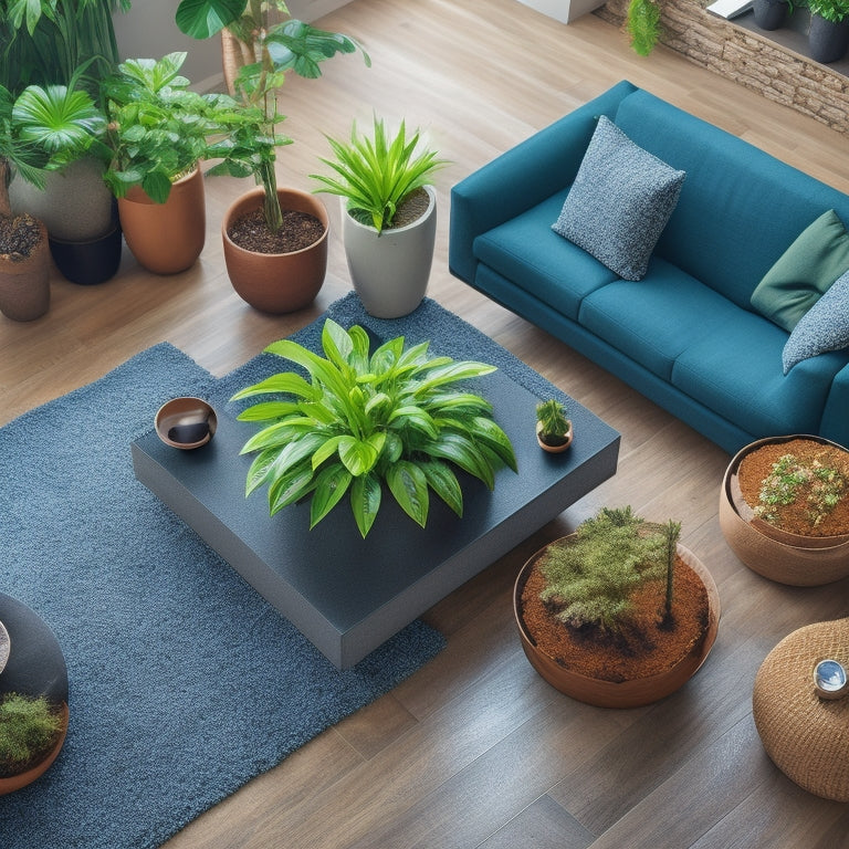 An overhead shot of a modern living room with a large block planter containing a lush green plant, surrounded by a saucer with pebbles, a drainage tray, and a watering can, on a sleek wooden floor.