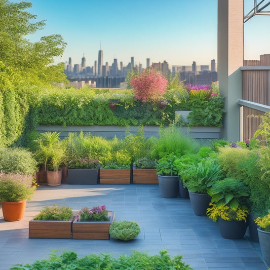 A serene rooftop garden with a mix of leafy greens and vibrant flowers, surrounded by sleek, modern hydroponic systems, and adorned with trellises, arbors, and a statement piece of living wall art.