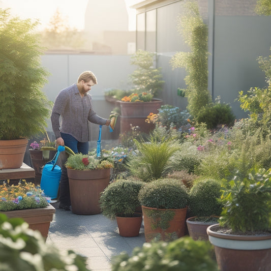 A serene rooftop garden with lush greenery, colorful flowers, and a few potted plants, with a gardener in the background, gently pruning a shrub, surrounded by gardening tools and a watering can.