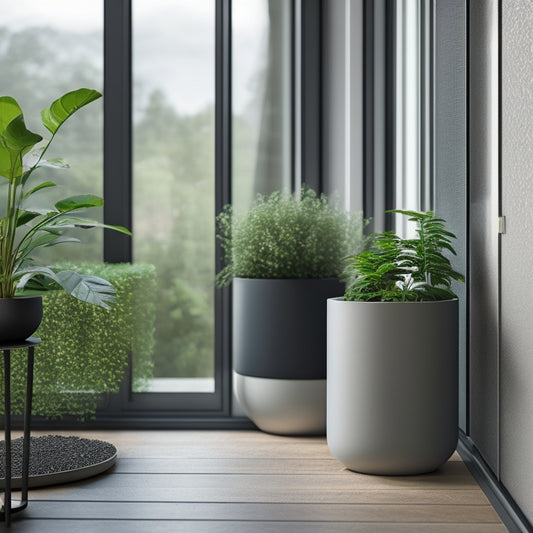 A minimalist, modern apartment balcony with a small, round 12-inch planter on a sleek metal side table, alongside a larger, rectangular 24-inch planter on the floor, surrounded by lush greenery.